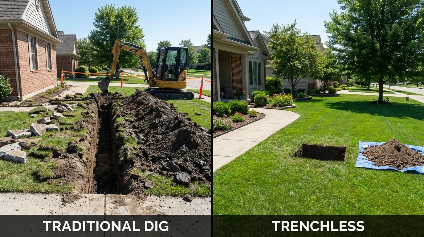 Trenchless sewer repair with minimal yard damage versus traditional excavation in Oberlin, OH