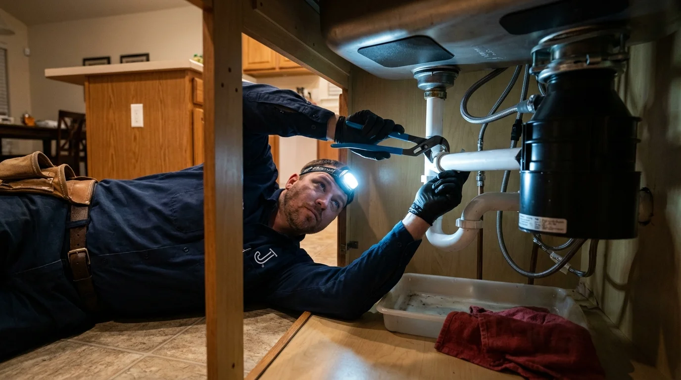 P-trap and supply line connections under a kitchen sink showing a common leak point in Oberlin, OH